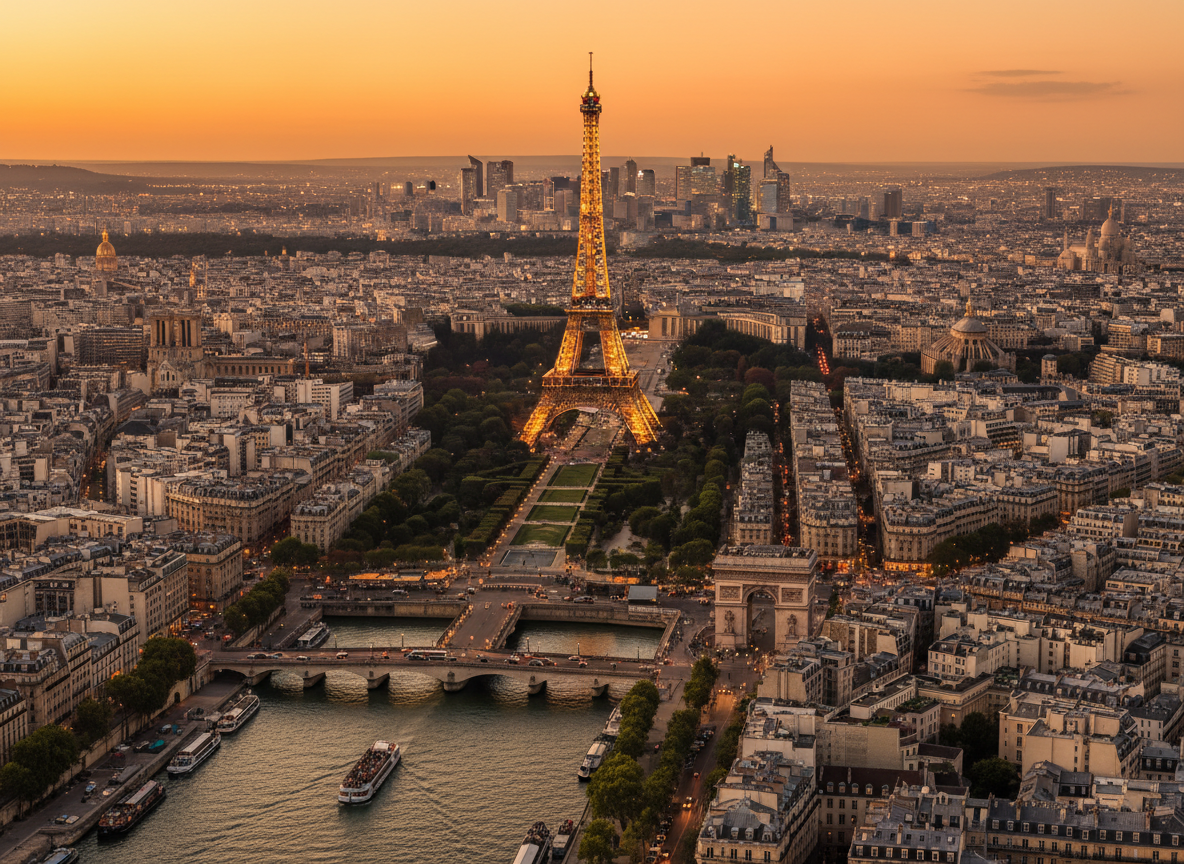 Vista romántica de París al atardecer