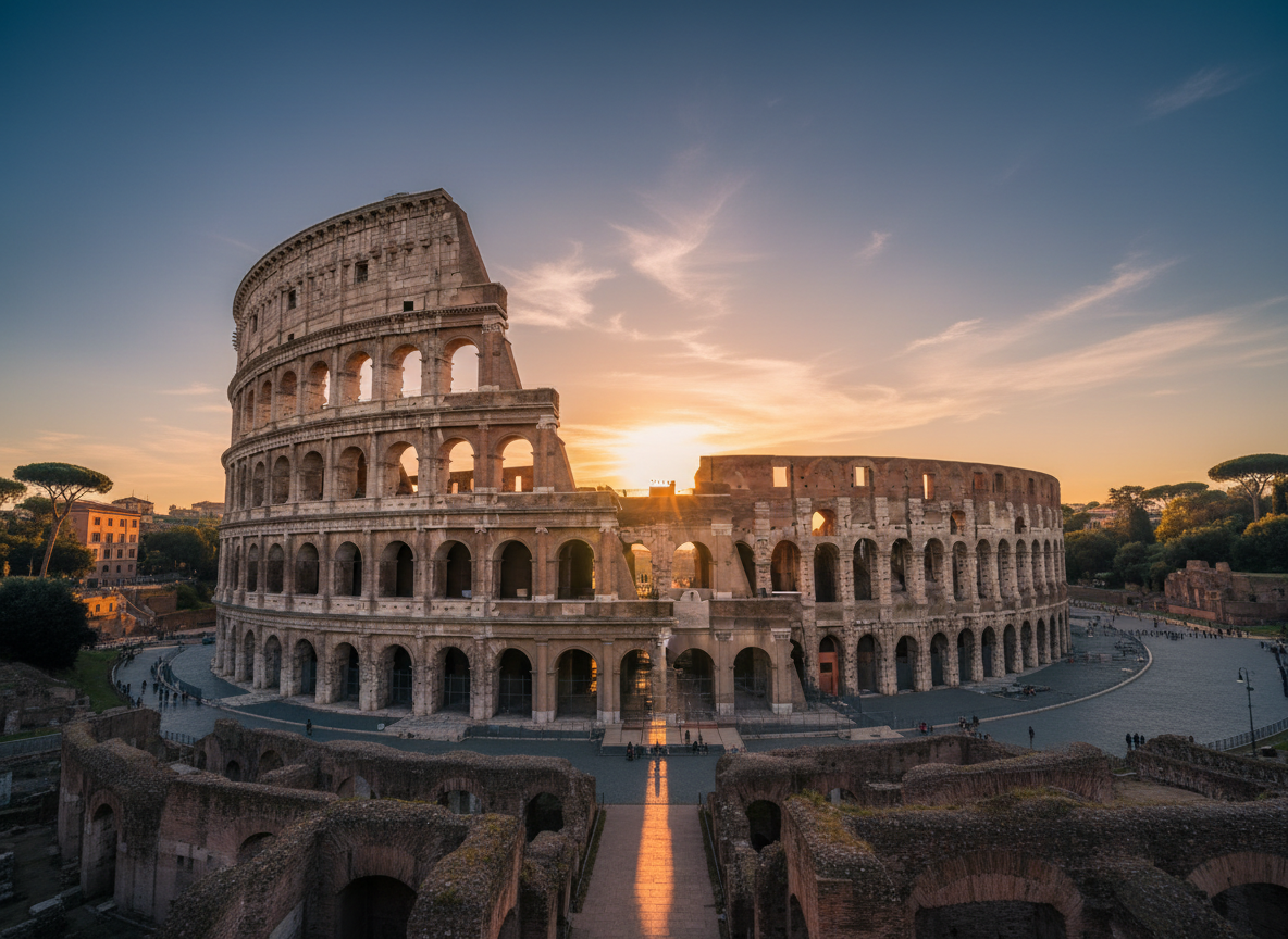 The Roman Colosseum in Rome, Italy, dramatic wide shot during golden hour, warm sunlight, clear blue sky, cinematic travel photography, high quality, photorealistic