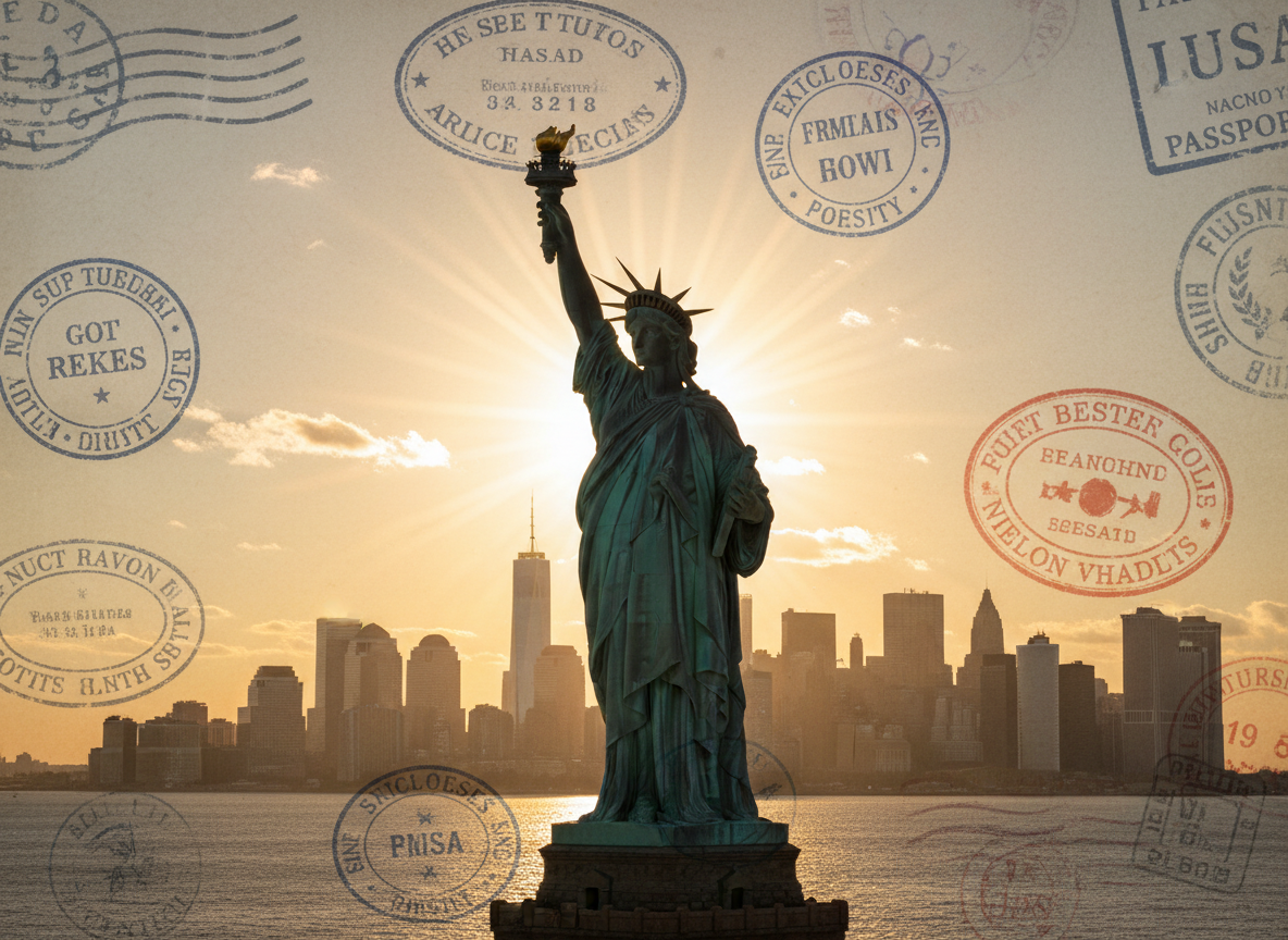The Statue of Liberty in New York Harbor, medium shot from the waist up, Manhattan skyline visible in the background across the water, warm golden sunlight shining from behind creating a backlit glow effect, sun rays visible in the sky, clear golden hour atmosphere, cinematic travel photography style, photorealistic. Semi-transparent passport stamps and visa entry stamps scattered across the image as an overlay texture, giving a travel document aesthetic. No flags or banners.