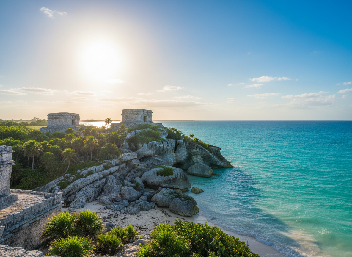 The ancient Mayan ruins of Tulum, Mexico — stone temples perched on a dramatic cliff overlooking the turquoise Caribbean sea, bright golden sun in the sky creating a warm glow, clear blue sky with a few clouds, lush green vegetation around the ruins, stunning wide angle shot showing both the ruins and the sea below, vibrant colors, professional travel photography, photorealistic, high resolution