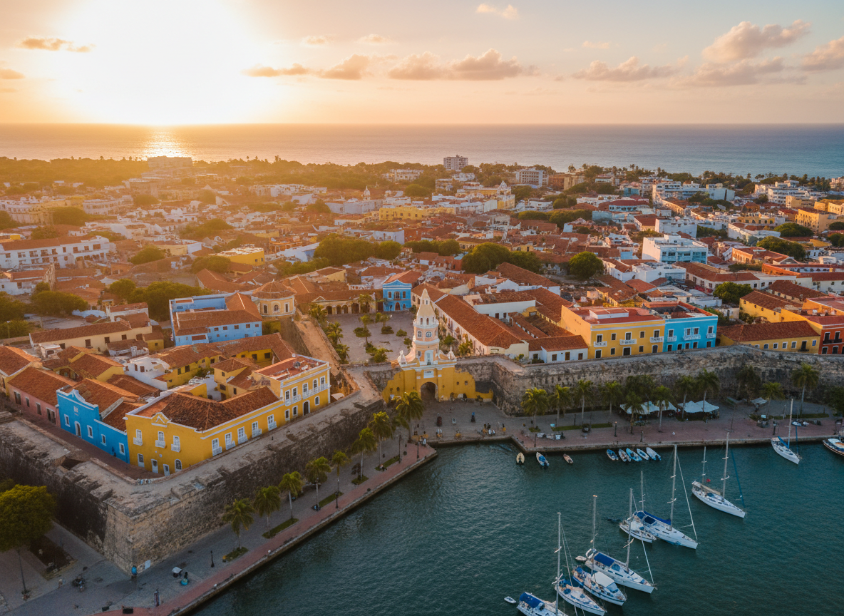Vista aérea de Cartagena, Colombia al atardecer dorado