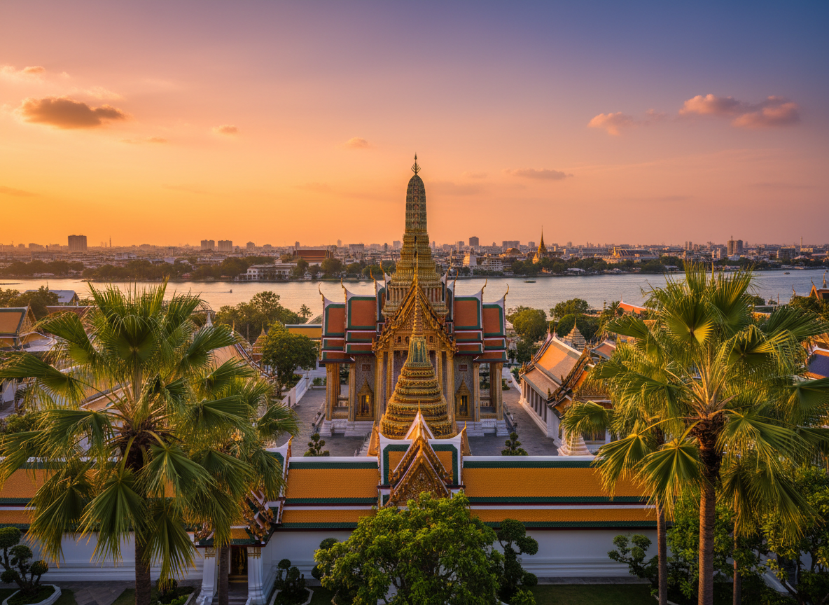 Beautiful Thailand travel destination photo: golden Buddhist temple (Wat Phra Kaew) with tropical palm trees, turquoise water in the background, warm sunset light, vibrant colors, professional travel photography style