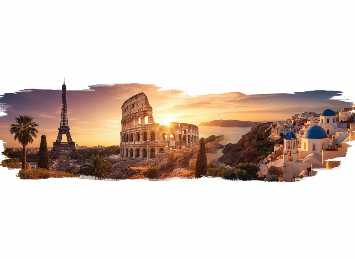 Eurotrip Clásico - Torre Eiffel, Coliseo Romano y Santorini al atardecer