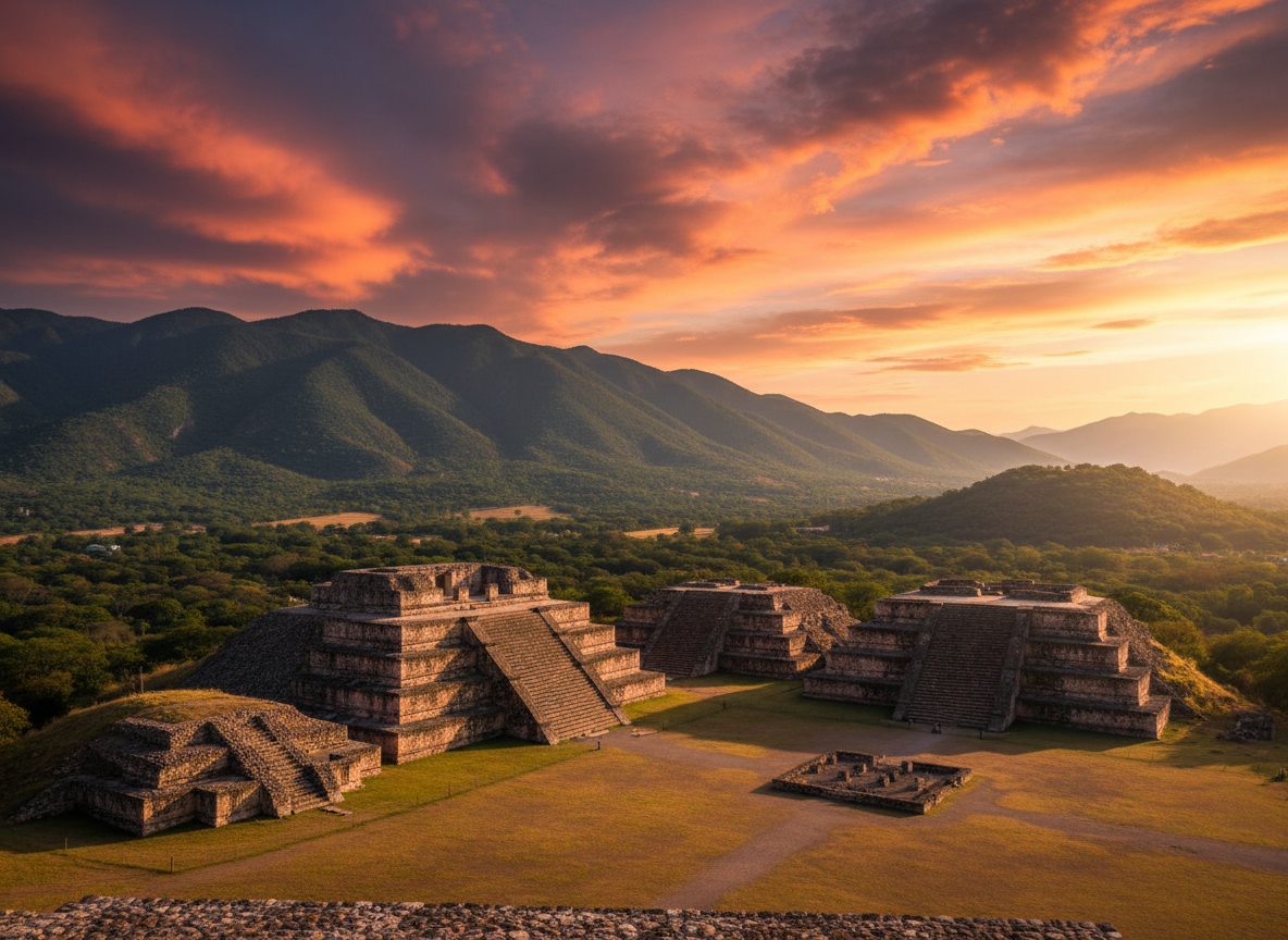Iconic view of Oaxaca Mexico: the stunning Monte Albán archaeological site with ancient Zapotec pyramids and ruins at golden hour, dramatic sky, lush green mountains in the background, warm earthy tones, travel photography style, cinematic and vivid
