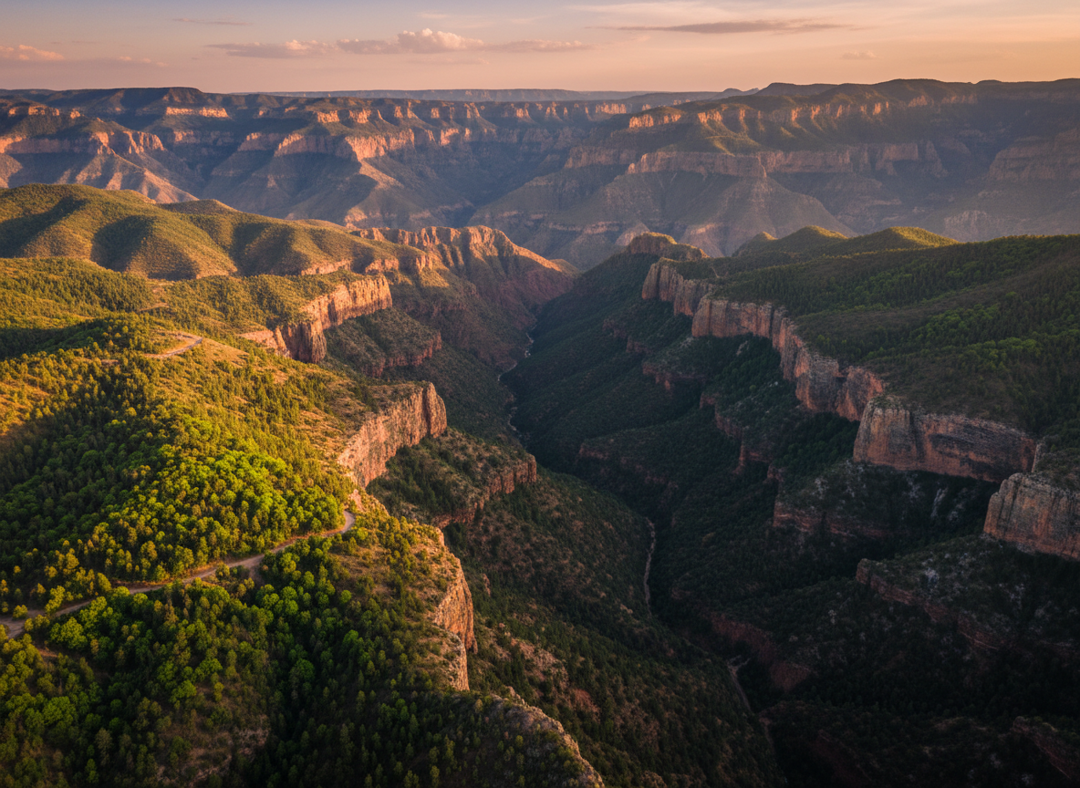 Dramatic aerial view of Copper Canyon (Barrancas del Cobre) in Chihuahua Mexico, vast canyon system with deep gorges and pine forests, warm golden hour light, dramatic shadows, vibrant green vegetation, cinematic travel photography style, breathtaking landscape