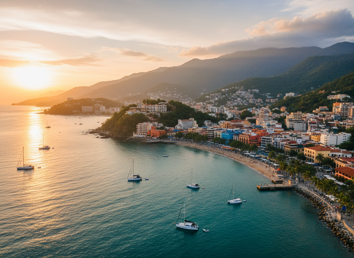 Stunning panoramic view of Puerto Vallarta Mexico: vibrant turquoise Pacific Ocean bay with sailboats, iconic Malecón boardwalk, lush green Sierra Madre mountains meeting the sea, colorful colonial architecture, golden sunset light, cinematic travel photography style