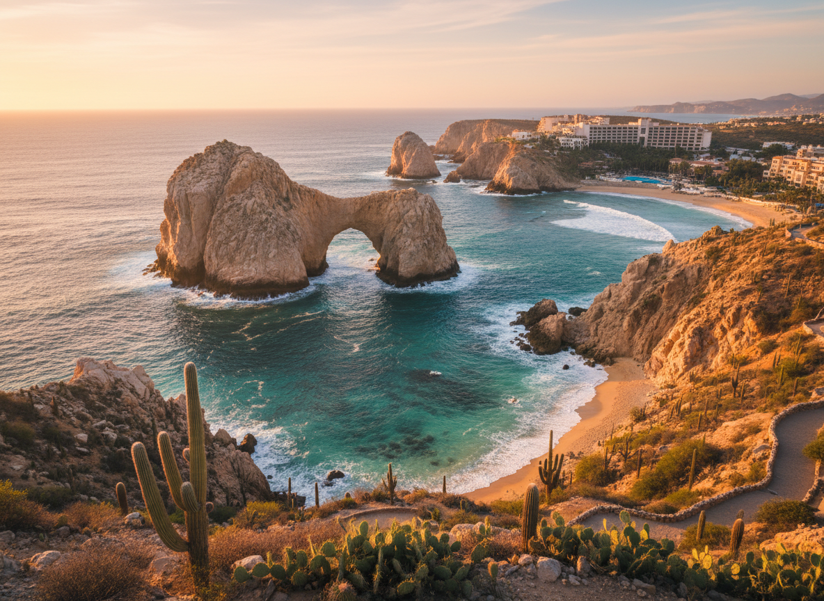 Breathtaking view of Los Cabos Mexico: iconic El Arco rock arch at Land's End where the Pacific Ocean meets the Sea of Cortez, crystal clear turquoise waters, dramatic desert landscape with cacti and rugged cliffs, golden hour light, luxury beach resort in background, cinematic travel photography style